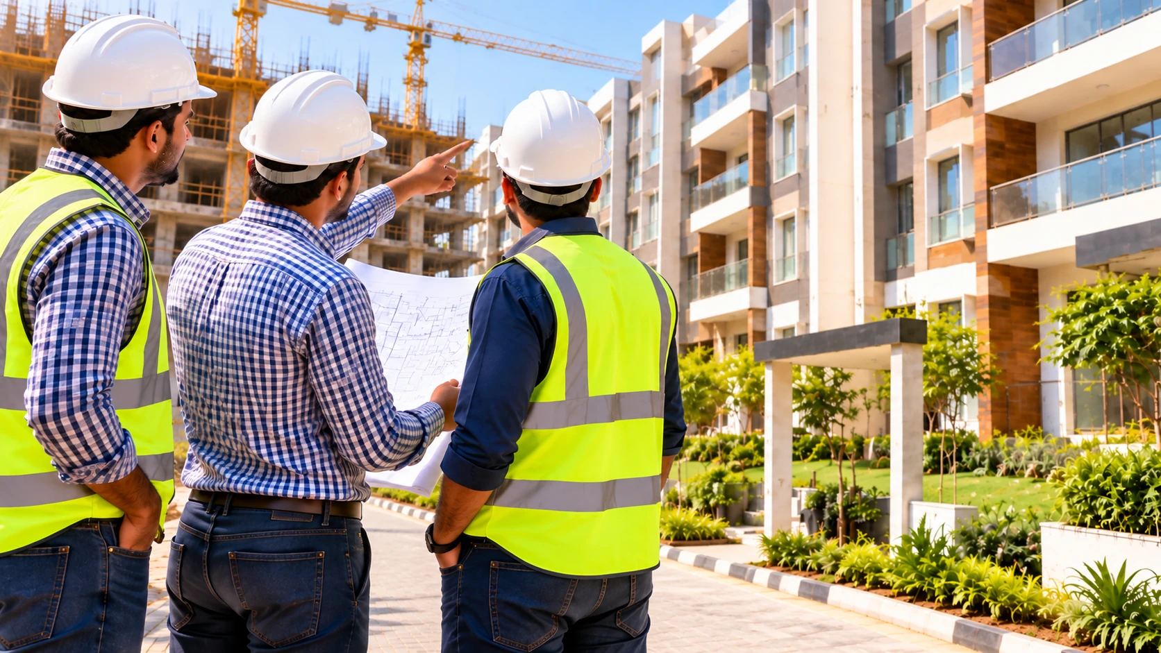 Three construction professionals reviewing plans beside residential apartments